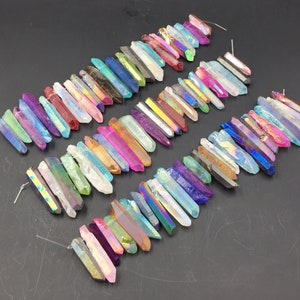 Mulitcolor/Mix Color Raw Quartz Crystal Points Top Drilled Crystal Quartz Stick Spike Point Beads Supplies 5-9x25-50mm 8" strand