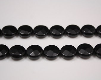 14mm Faceted Black Onyx Beads Coin beads 16" full strand Flat Round Onyx Beads black gemstone beads supplies Semi Precious Stone Beads