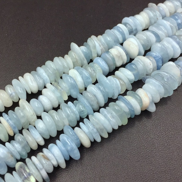 Aquamarine Rondelles Disc Beads Polished Freeform Aquamarine Chip Beads Nugget Beads Saucer Beads Center Dilled Blue Gemstone 16" Strand