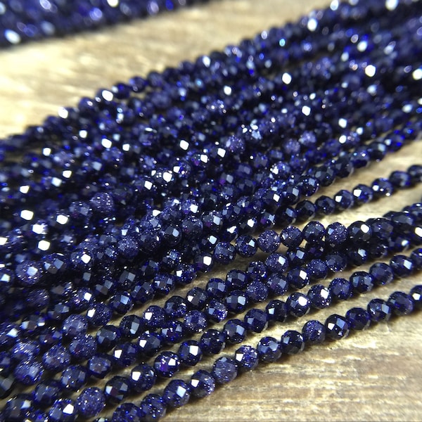 Blue Goldstone 2mm Micro Faceted Blue Goldstone Round Beads Tiny Small Beads Gemstone Beads Supplies Jewelry Beads 15.5" Full Strand