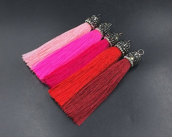 3" Long Silk Tassel Pendants Red Silk Tassels Pave Tassel Pendant Wholesale Tassel Charms Handmade Tassels Rhinestone Paved Cap 3-10pcs