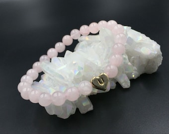 Personalized Rose Quartz Bracelet Initial Bracelet Custom Bracelet Pink Crystal Beaded Bracelet Heart Charm Letters Bracelet BR I-01