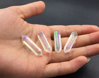 Angel Aura Quartz Crystal Wand Point Double Terminated Quartz Iridescent Crystal Perfect for Jewelry Making Mineral Healing Stone 1piece OB