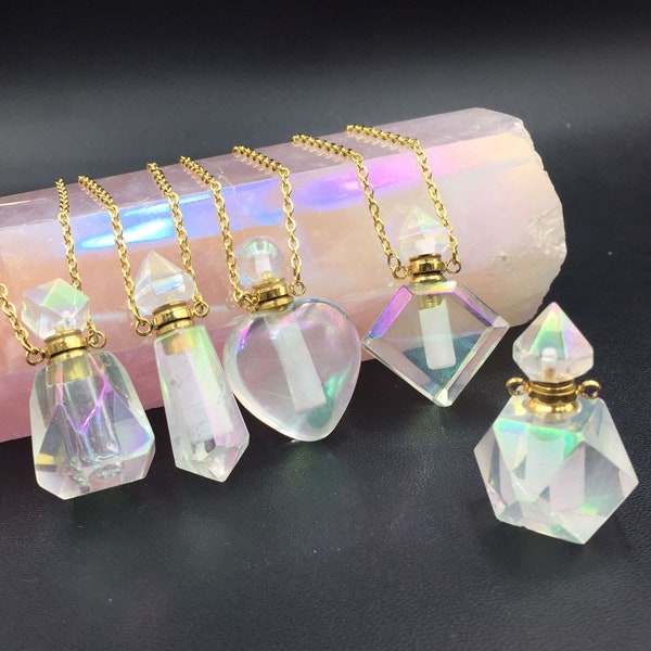 Angel Aura Quartz Crystal Perfume Necklace Pendant Perfume Bottle Crytstal Heart Diamond Point Essential Oil Bottle Essential Oil Diffuser