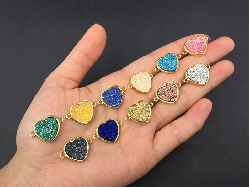 Double Bail Druzy Heart Connector Heart Druzy Connector Man-made Faux Druzy Drusy in Gold Setting NecklaceBracelet Supplies 3510pieces
