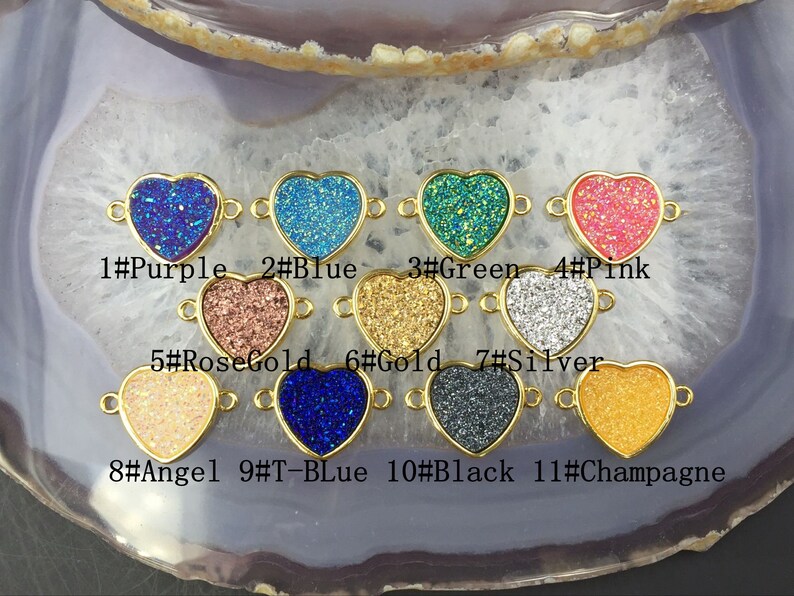 Double Bail Druzy Heart Connector Heart Druzy Connector Man-made Faux Druzy Drusy in Gold Setting NecklaceBracelet Supplies 3510pieces