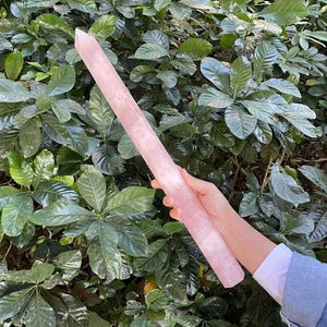 Op de afbeelding: Een grote, roze rozenkwarts kristallen staf, ongeveer 30 cm lang, wordt vastgehouden door een hand tegen een achtergrond van groen gebladerte.