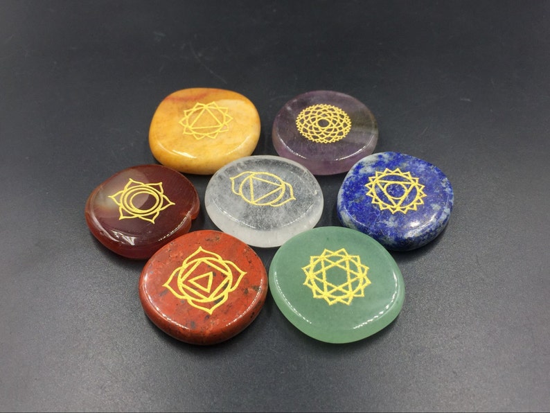 7 Chakra Set Healing Crystal Chakra Engraved Gemstone Reiki Meditation Chakra Stone Metaphysical CS image 1