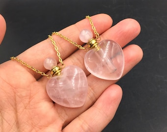 Heart Perfume Bottle Rose Quartz Essential Oil Diffuser Bottle Polished Pink Quartz Crystal Perfume Bottle Necklace Heart Pendant Charm