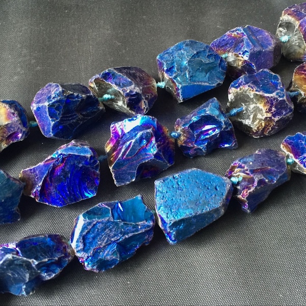 Titanium Blue Quartz Nuggets Large Raw Quartz Crystal Stone Beads Point Rough Hammered Chunky Quartz Beads 25mm - 35mm 15.5" full strand