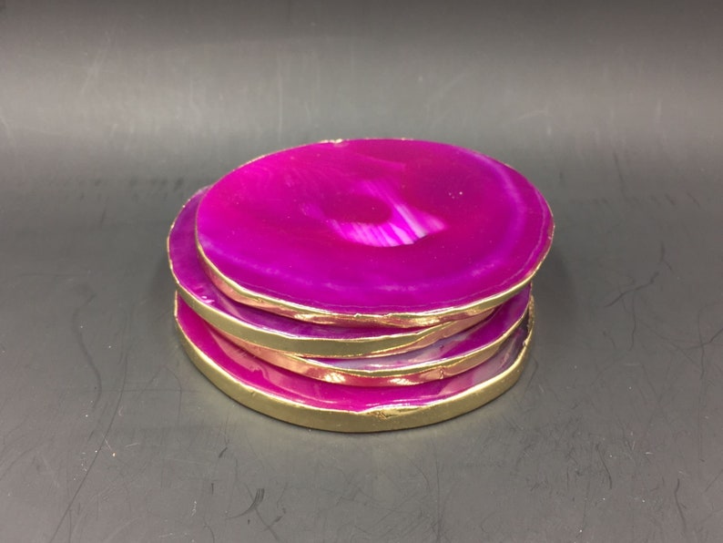 Pink Agate Coasters set of 4pieces Gold Finished Agate Geode Slice Coasters Gold Agate Coasters for Wedding/Party/Dinner Home Decor02 image 2