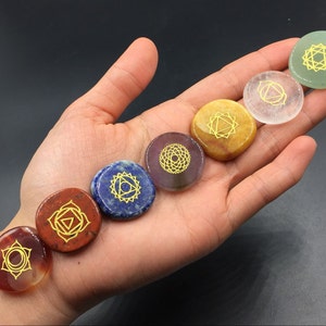 7 Chakra Set Healing Crystal Chakra Engraved Gemstone Reiki Meditation Chakra Stone Metaphysical CS image 3