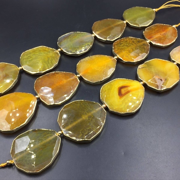 Faceted Yellow Agate Slice Beads Large Agate Slice&Slab Pendant Connector Focal Beads Gold Plated Agate Gemstone 42-47*45-50mm 5pcs/lot