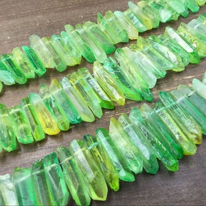 Green&Yellow Aura Quartz Points Raw Yellow Green Crystal Point Beads Double Color Crystal Graduated Stick Beads Top Drilled 6-9*17-45mm