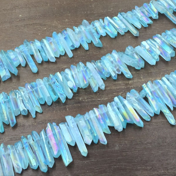 Tiny Blue Aura Quartz Crystal Point Raw Rough Blue Quartz Top Drilled Quartz Point Stick Pendant Beads Gemstone Supplies 4-6*10-20mm