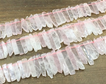 Long Rose Quartz Crystal Stick Beads Pink Quartz Slice Slab Spike Stick Point Beads Pendant Beads Semi precious 8-11*22-55mm full strand