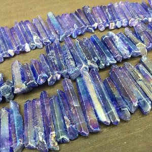 Blue Rainbow Quartz Points Polished Raw Crystal Gemstone Point beads Graduated Top Drilled Long point Rock Quartz Spike stick 6-8mm x18-45mm