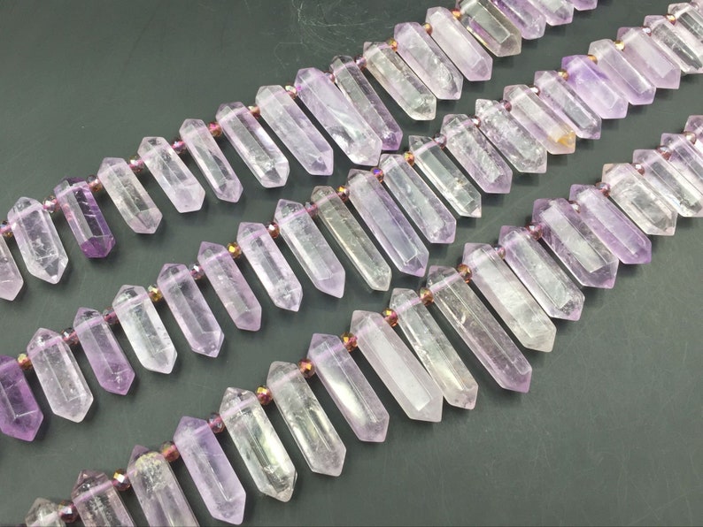 Double Terminated Amethyst Points Light Lavender Amethyst Quartz Crystal Stick Point Beads Supplies Top Drilled 9-12x25-45mm Full Strand KD