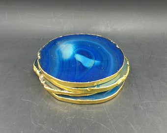 Blue Agate Coasters 4 Coasters Set Gold Rimmed Agate Slices Round Agate Slice Mineral Gemstone Coasters Home Decor Drinking Coasters