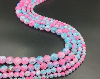 Contas de crackle de 6-12mm, rosa e azul, contas de cristal de vidro rachado de cor dupla, contas redondas para fazer jóias, fio completo de 15,5"