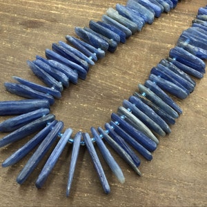 May include: A strand of blue kyanite beads, each bead is a long, thin, and slightly irregular shape. The beads are strung together with a thin, clear thread.