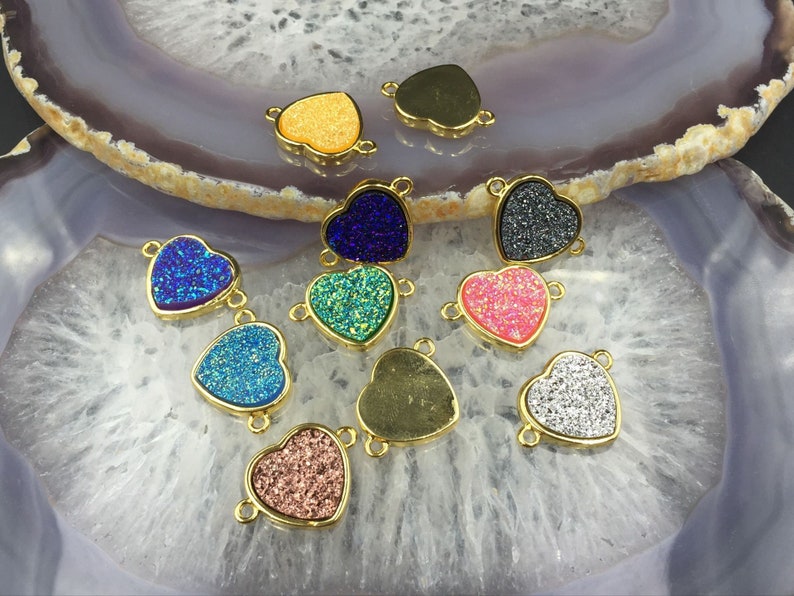 Double Bail Druzy Heart Connector Heart Druzy Connector Man-made Faux Druzy Drusy in Gold Setting NecklaceBracelet Supplies 3510pieces