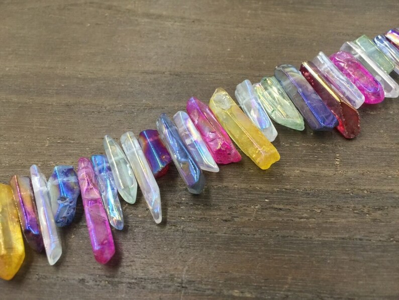 Tiny Mulitcolor Quartz Crystal Point Polished Quartz Point Gemstones Spike Bead Bulk Wholesale Quartz beads Supplies Top Drilled 3-5x12-30mm