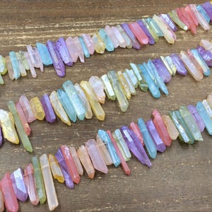 Mulitcolor Raw Crystal Points Raw Quartz Point Beads Mix Color Crystal Quartz Stick Beads Supplies Top Drilled 3-6x13-35mm 15.5&quot; full strand