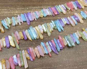 Mulitcolor Raw Crystal Points Raw Quartz Point Beads Mix Color Crystal Quartz Stick Beads Supplies Top Drilled 3-6x13-35mm 15.5" full strand