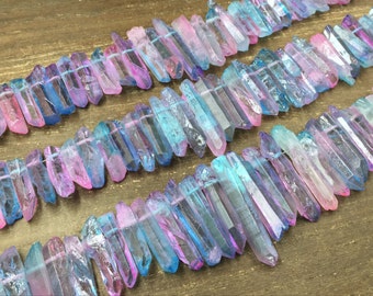 Pink&Blue Aura Quartz Points Raw Pink Blue Crystal Point Beads Mystic Double Color Crystal Graduated Stick Beads Top Drilled 7-10*18-45mm