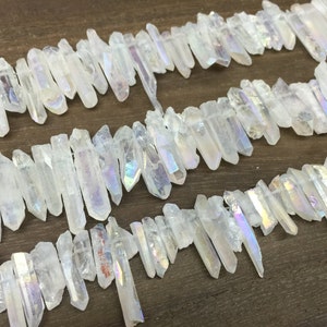 Minúsculo aura ab pontos de cristal ponto de quartzo bruto contas de quartzo em massa pico grânulo atacado áspero cristal de quartzo superior perfurado 3-7x12-35mm