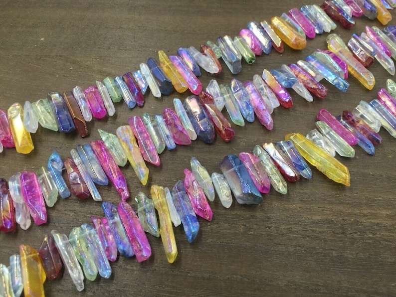 Tiny Mulitcolor Quartz Crystal Point Polished Quartz Point Gemstones Spike Bead Bulk Wholesale Quartz beads Supplies Top Drilled 3-5x12-30mm