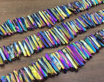 Polished Rainbow quartz point Beads Titanium Quartz Crystal points Spike beads Dagger beads Stick beads supplies top drilled 5-8mm x 15-40mm