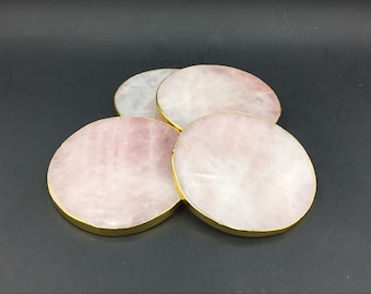 Rose Quartz Coasters Round Coaster Set Rose Quartz Slice Gold Coasters Large Quartz Crystal Coasters Stone Coasters Drinkware 1/2/4pieces