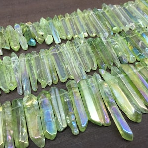 Polished Green Quartz Spike Beads Points Graduated Mystic Crystal Point Top Drilled Raw Quartz Crystal Gemstone Beads Supplies 5-8mmx18-40mm