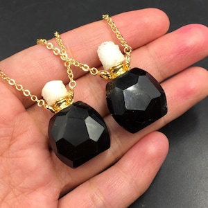 Faceted Black Tourmaline Perfume Bottle Essential Oil Diffuser Bottle Gemstone Perfume Bottle Necklace Pendant Charm Gemstone  Scent Bottle