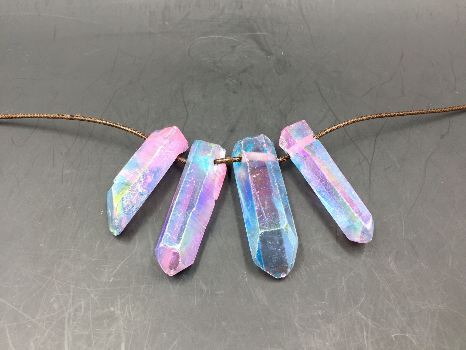Rainbow Aura Quartz Point Pendant Large Hole Thick Quartz Crystal