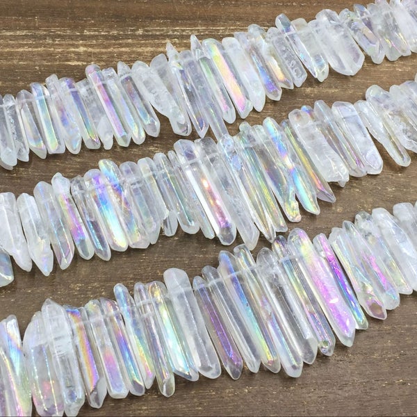 Polished AB Crystal Point Aura Quartz Point Beads strand Graduated Quartz beads Top Drilled Spike Stick Beads Gemstone Jewelry 6-9*15-45mm