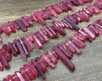 Tiny Frosted Red Crystal Points Matte Red Quartz Point Beads Bulk Quartz Crystal Stick Spike Bead Wholesale Quartz Top Drilled 3-7x12-35mm