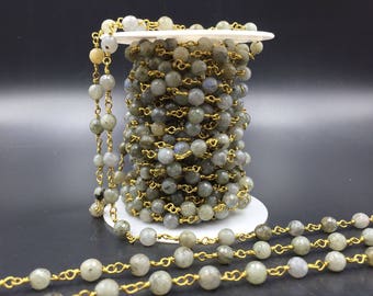 6mm Faceted Labradorite Rosary Chain Wire Wrapped Rosary Style Chain Gemstone Jewelry Chain Silver/Gold Plated Beads Chain FCN