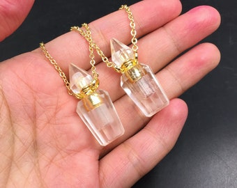 Claro cuarzo cristal perfume botella collar colgante aceite esencial difusor aceite esencial botella colgante gemstone cristal aroma botella
