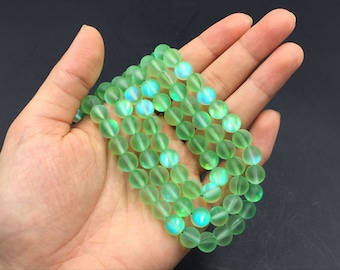 Matte 6-12mm Green Synthetic Glass Moonstone Beads Smooth Round Aura Flash Glass Crystal Beads Jewelry Beads Supplies 15.5" Full Strand