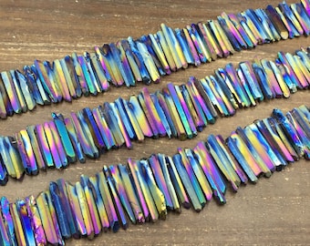 Raw Slender Rainbow Quartz Points Titanium Quartz Crystal Point Stick Spike beads Graduated top drilled 4-7x15-40mm 15.5" full strand