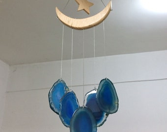 Blue Agate Windchime Suncatcher Agate Slice Wind Chime Star&Crescent Wind Chimes Gemstone Crystal Gift Home Window Decoration