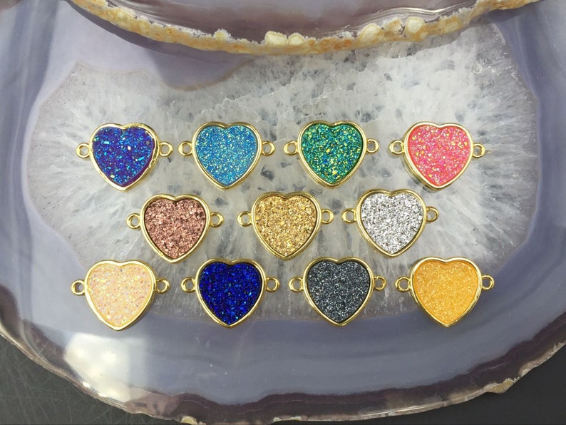 Double Bail Druzy Heart Connector Heart Druzy Connector Man-made Faux Druzy Drusy in Gold Setting NecklaceBracelet Supplies 3510pieces