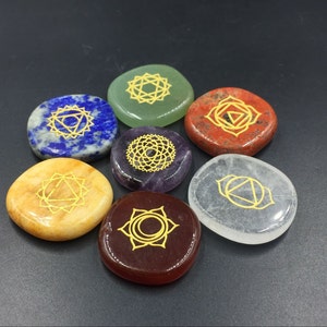 7 Chakra Set Healing Crystal Chakra Engraved Gemstone Reiki Meditation Chakra Stone Metaphysical CS image 2