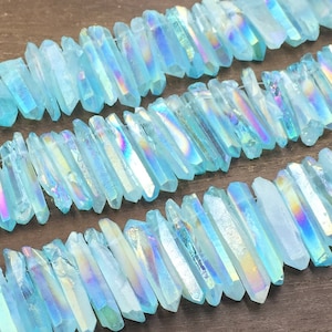 Bright Blue Aura Quartz Crystal Points Raw Rough Crystal Quartz Point Stick Beads Bulk Quartz Rainbow Graduated Top Drilled 6-9*18-45mm