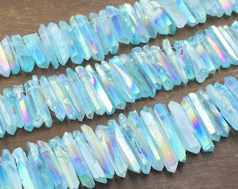 Bright Blue Aura Quartz Crystal Points Raw Rough Crystal Quartz Point Stick Beads Bulk Quartz Rainbow Graduated Top Drilled 6-9*18-45mm