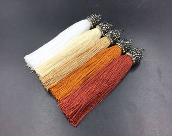 3" Long Silk Tassel Pendants Brown Silk Tassels Pave Tassel Pendant Wholesale Tassel Charms Handmade Tassels Rhinestone Paved Cap 3-10pcs