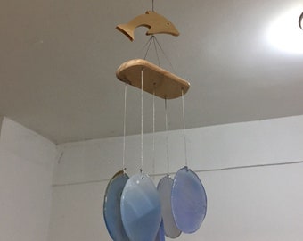 Light Blue Agate Dolphin Windchime Agate Light Catcher Agate Slice Wind Chimes Crystal Gift Window Garden Patio Eave Balcony Decoration